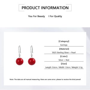 925 Sterling Silver Red Pearl Earrings for Women Dangle Drop Earrings for teen girls 10mm Pearl Festival Gifts for Mother Wife Daughter