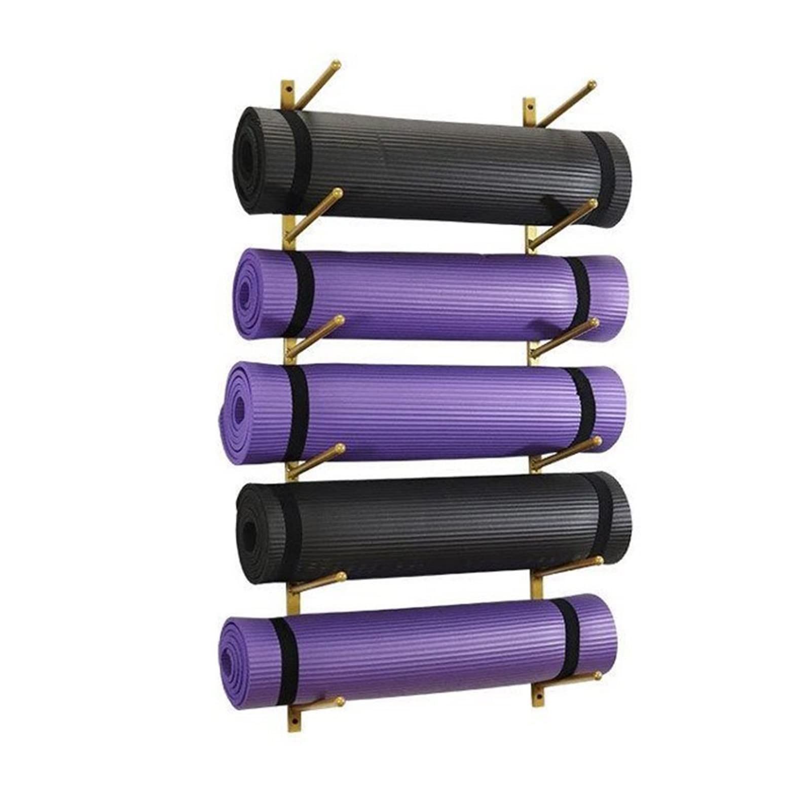 LWMD Metal Yoga Mat Holder Wall Mount, 5 Tier Gold Foam Rollers/Exercise Mat Rack for Hanging Yoga Strap Resistance Bands Ropes