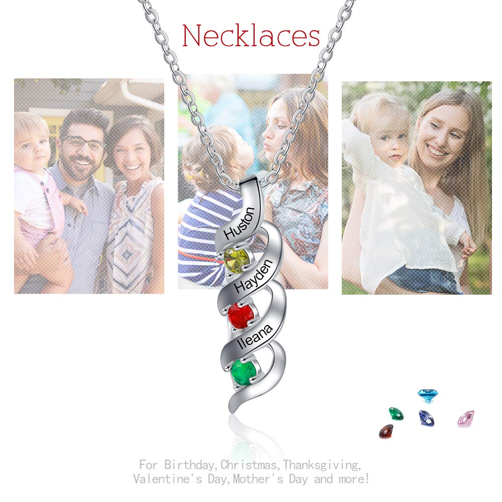 LoraPetid Personalized 2-7 Names Birthstone Necklace Custom Mother Daughter Necklace with Engraved Names Pendent Necklace Gifts for Mom Women (3 name)