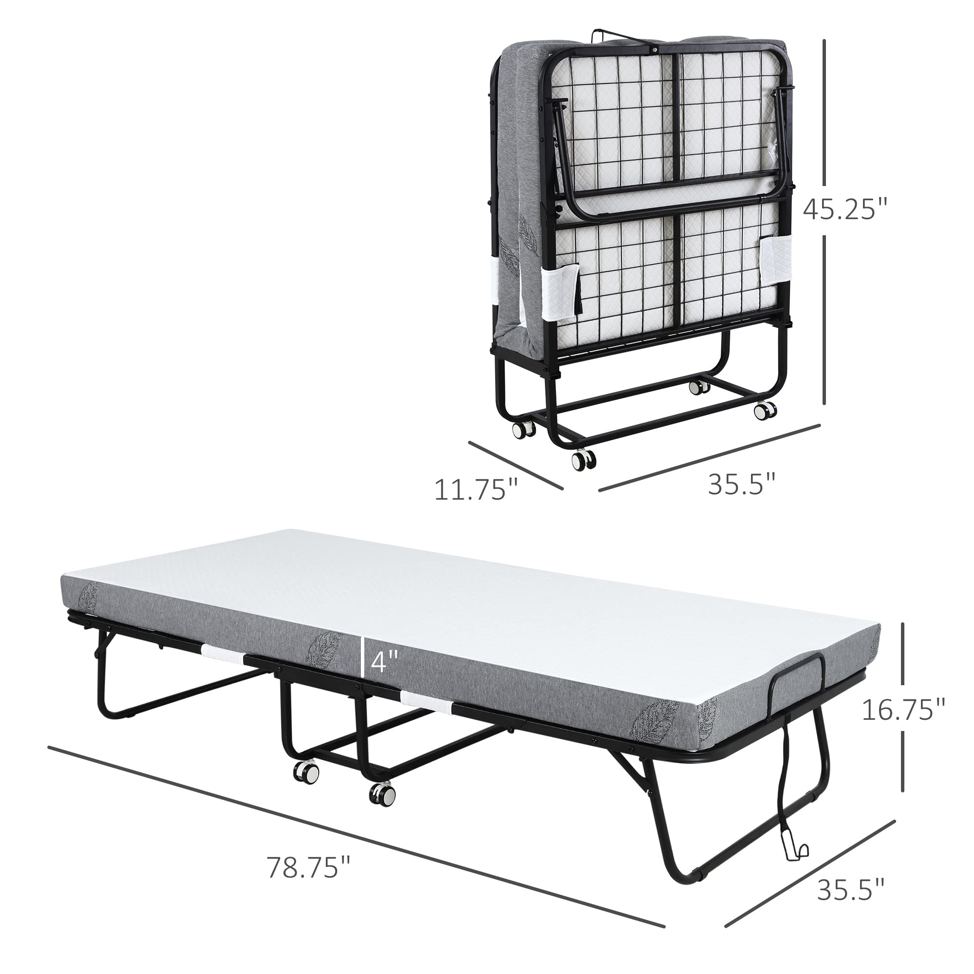 HOMCOM Rollaway Bed, Folding Bed with 4" Mattress, Portable Foldable Guest Bed with Sturdy Metal Frame and Wheels, 78.75"x35.5"x16.75", White