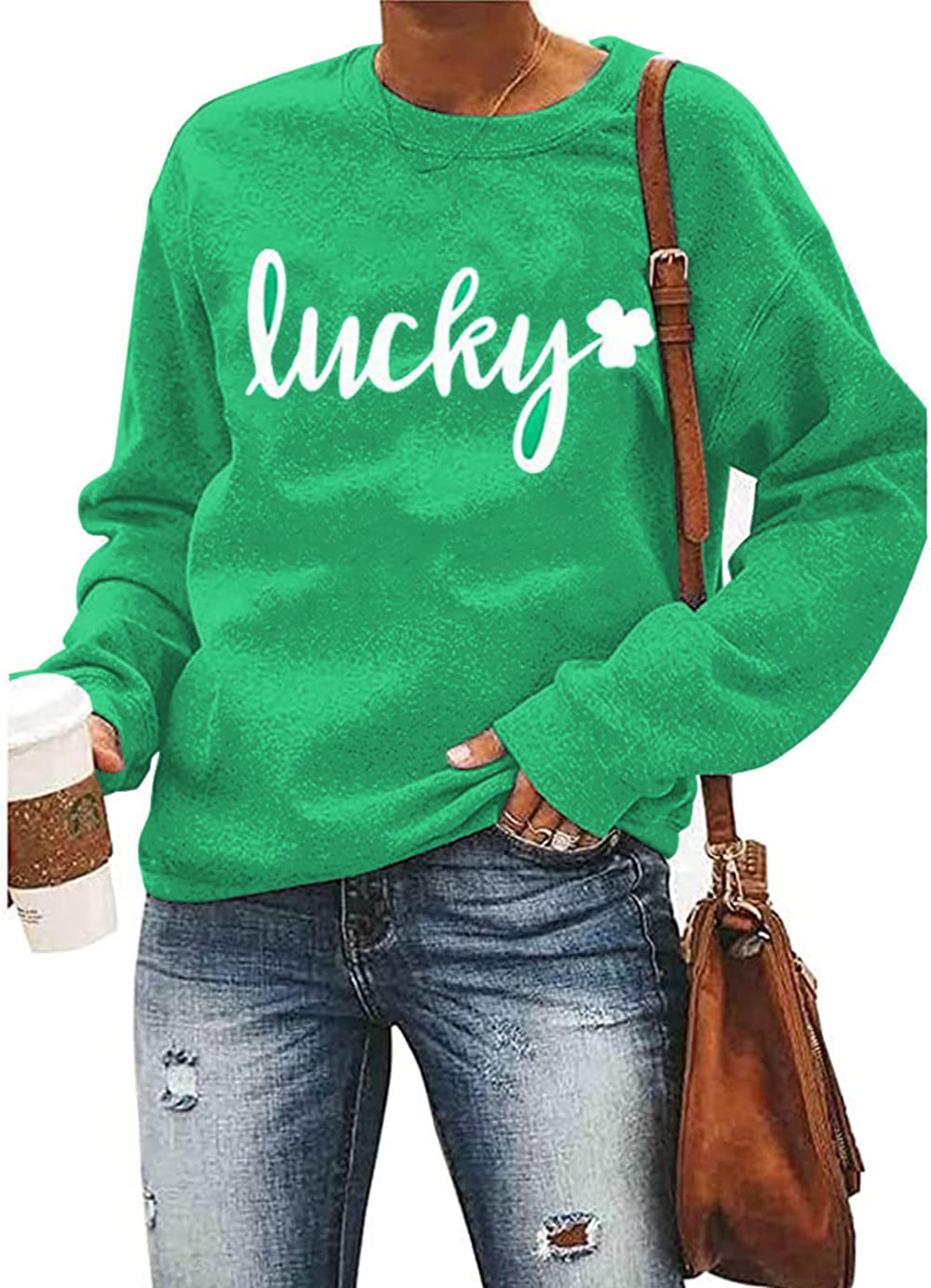 essential cocoon St. Patrick's Day Sweatshirt Womens Funny Shamrock Clover Long Sleeve Shirts Irish Spring Graphic Pullover (S, Green-2)