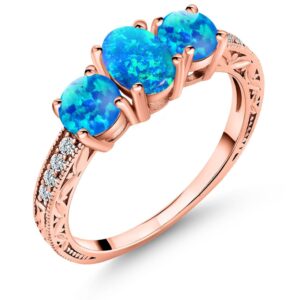 Gem Stone King 18K Rose Gold Plated Silver Oval Cabochon Blue Simulated Opal Engagement Ring For Women (1.75 Cttw, Available In Size 5, 6, 7, 8, 9)