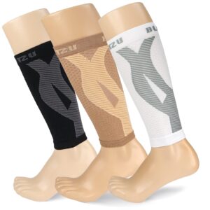 blitzu 3 pairs calf compression sleeves for women and men size l-xl, one nude, one black, one white calf sleeve, leg compression sleeve for calf pain and shin splints. footless compression socks.