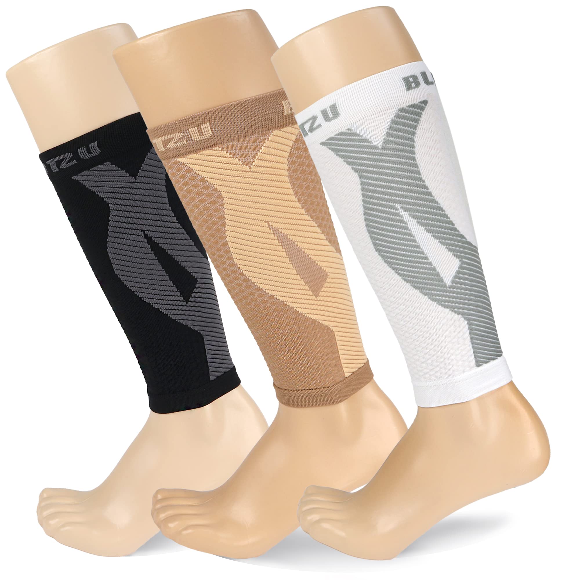 BLITZU 3 Pairs Calf Compression Sleeves for Women and Men Size L-XL, One Nude, One Black, One White Calf Sleeve, Leg Compression Sleeve for Calf Pain and Shin Splints. Footless Compression Socks.