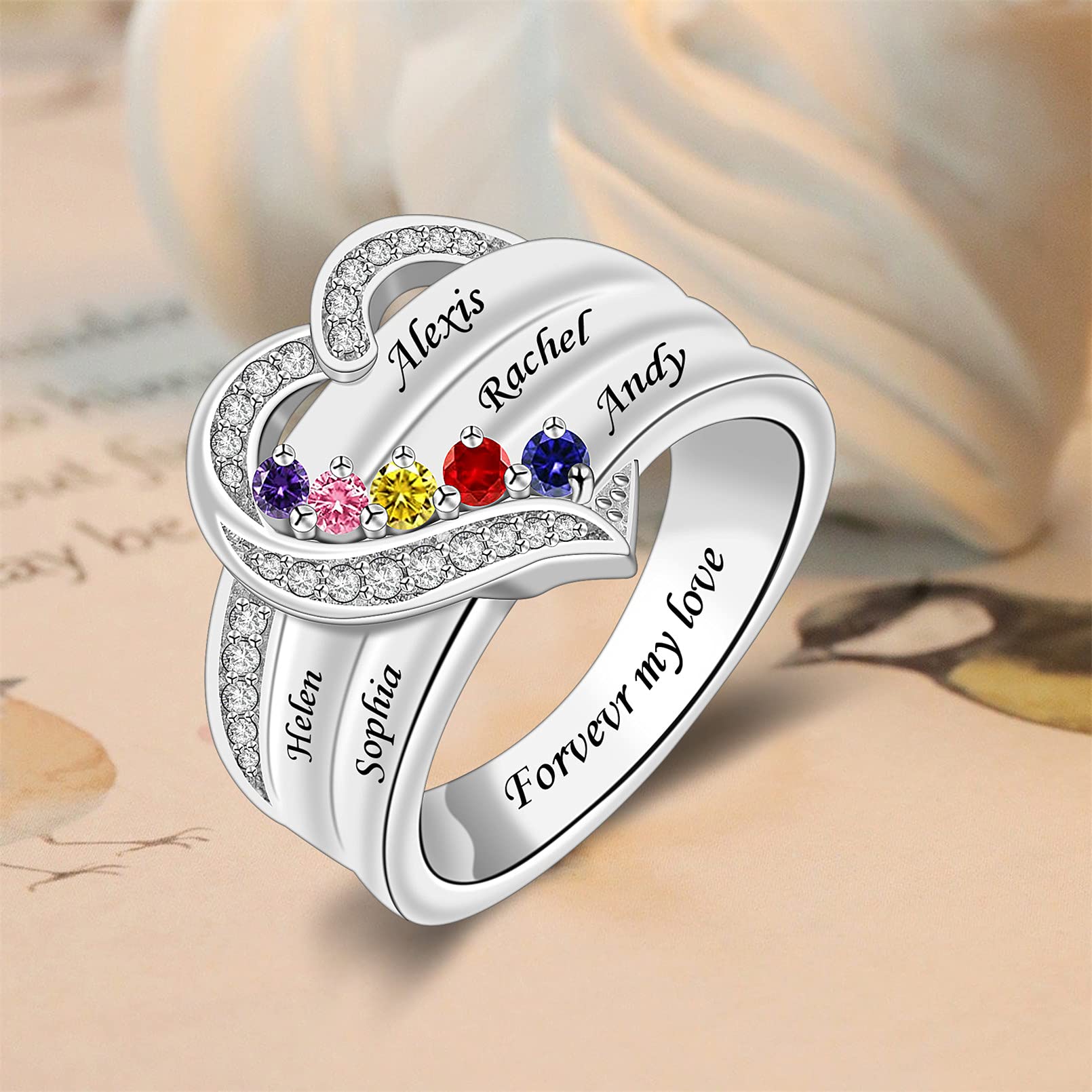 MissNaNa Personalized Mothers Rings with Simulated Birthstones Engraved 1-8 Family Names Mother's Day Rings Custom Love Heart Family Rings for Women (5 birthstone)