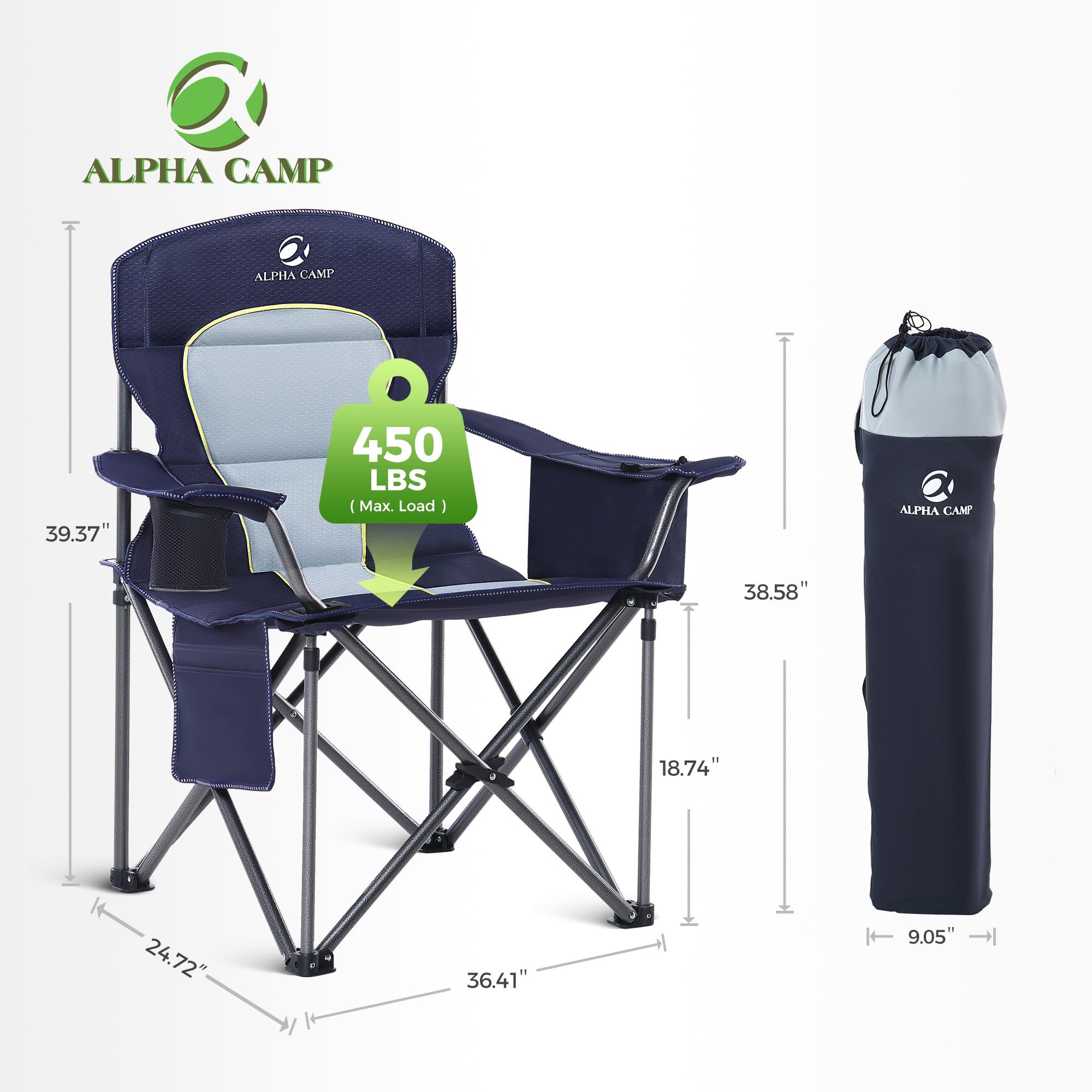 ALPHA CAMP Oversized Camping Folding Chair Heavy Duty Lawn Chair with Cooler Bag Support 450 LBS Steel Frame Collapsible Padded Arm Chair Quad Lumbar Back Chair Portable for Outdoor,Blue