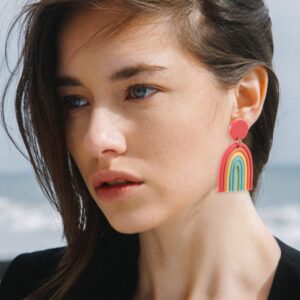 Boho Polymer Clay Rainbow Earrings for Women Dangling, Cute Multicolor Handmade Vintage Bohemian Tassel U Shape Oval and Round Shape Ceramic Clay Drop Earrings Pendant Bulk Jewelry