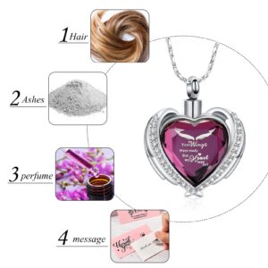 Imrsanl Cremation Jewelry Angel Wing Heart Urn Pendant Necklaces for Women Crystals Birthstone Urns for Human Ashes Memorial Locket Keepsake Ashes Jewelry (Wings-Purple)