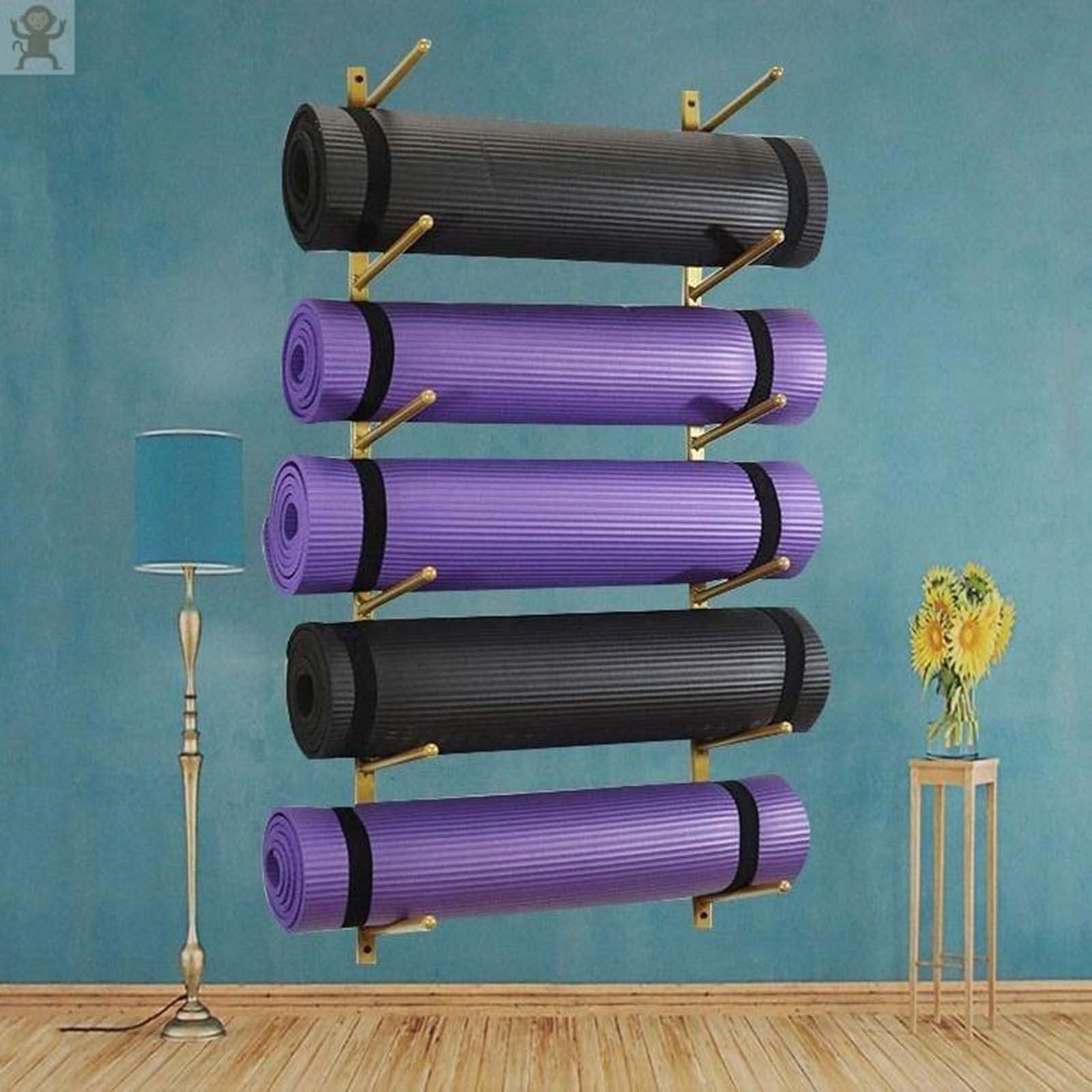 LWMD Metal Yoga Mat Holder Wall Mount, 5 Tier Gold Foam Rollers/Exercise Mat Rack for Hanging Yoga Strap Resistance Bands Ropes