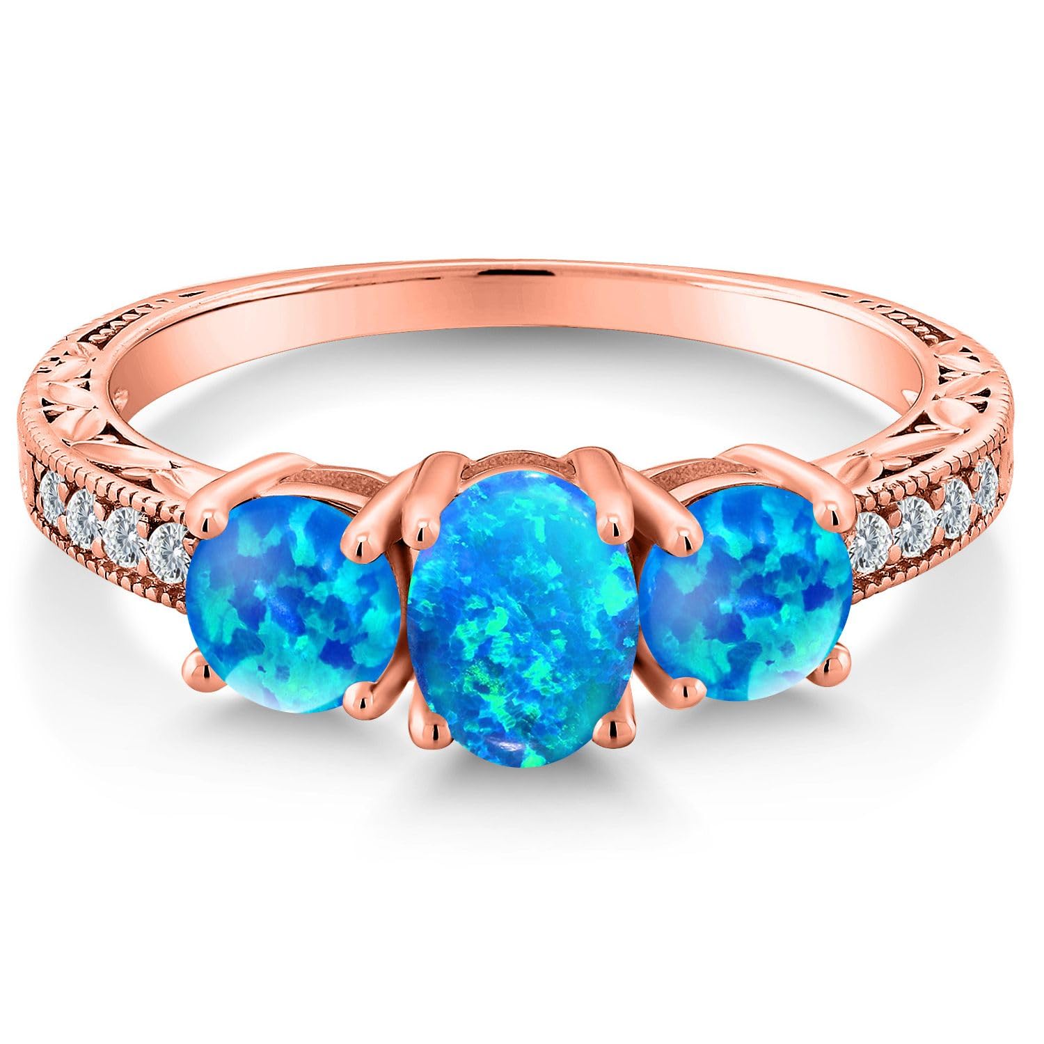 Gem Stone King 18K Rose Gold Plated Silver Oval Cabochon Blue Simulated Opal Engagement Ring For Women (1.75 Cttw, Available In Size 5, 6, 7, 8, 9)