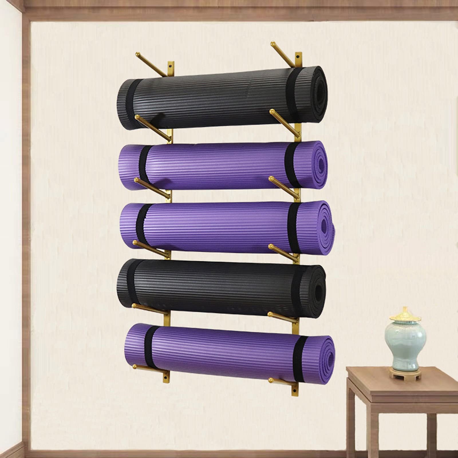 LWMD Metal Yoga Mat Holder Wall Mount, 5 Tier Gold Foam Rollers/Exercise Mat Rack for Hanging Yoga Strap Resistance Bands Ropes