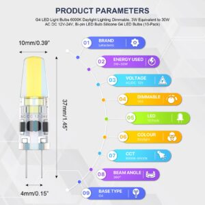 Letaclanic G4 LED Light Bulbs 6000K Day Light Lighting Dimmable, 3W Equivalent to 30W AC DC 12V-24V, Bi-pin LED Bulb Silicone G4 LED Bulbs (10-Pack)