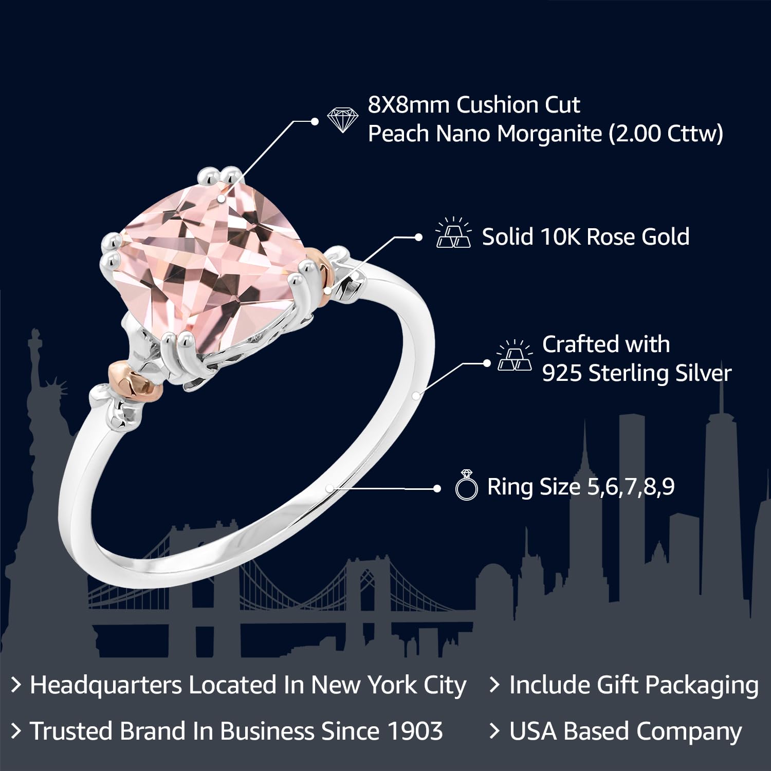 Gem Stone King 925 Sterling Silver & 10K Rose Gold 8MM Cushion Gemstone Birthstone Engagement Ring | Wedding Anniversary Promise Ring For Women | Size 5,6,7,8,9