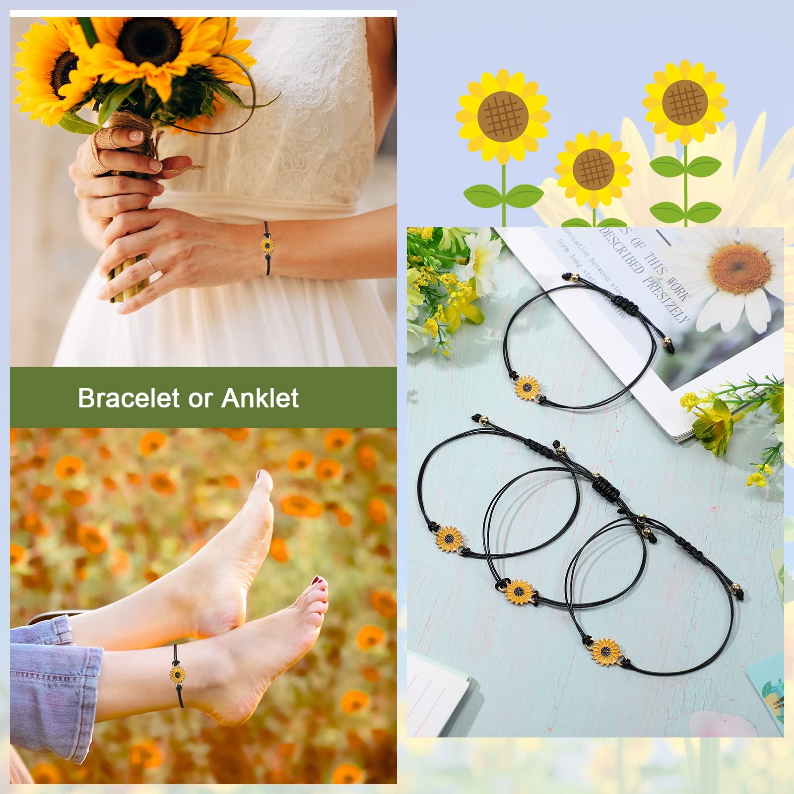 20 Pcs Sunflower Bracelets Adjustable Handmade Friendship Bracelet Bulk Boho Braided Rope String Bracelets for Women Teen Girls Couples Wrist Friend Gift Favors (Black)