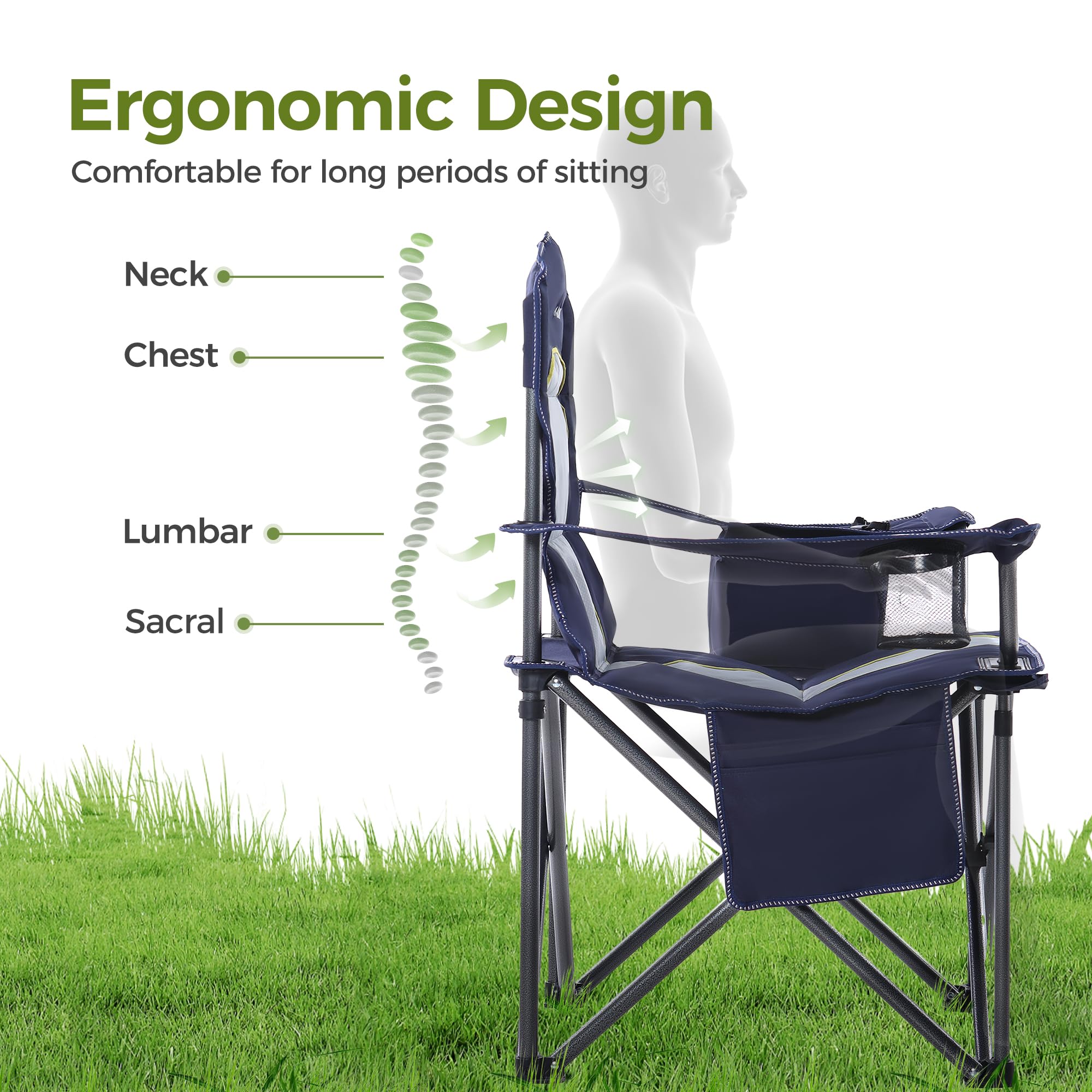 ALPHA CAMP Oversized Camping Folding Chair Heavy Duty Lawn Chair with Cooler Bag Support 450 LBS Steel Frame Collapsible Padded Arm Chair Quad Lumbar Back Chair Portable for Outdoor,Blue