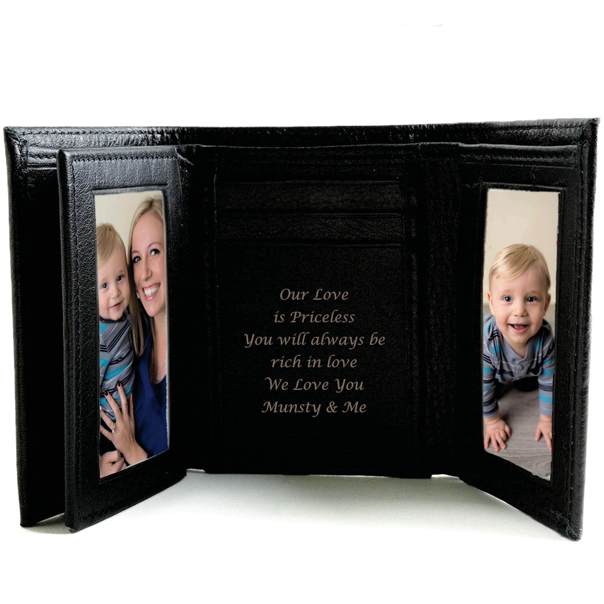 Personalized Black Genuine Leather Tri-fold Wallet Engraved Free - Ships from USA