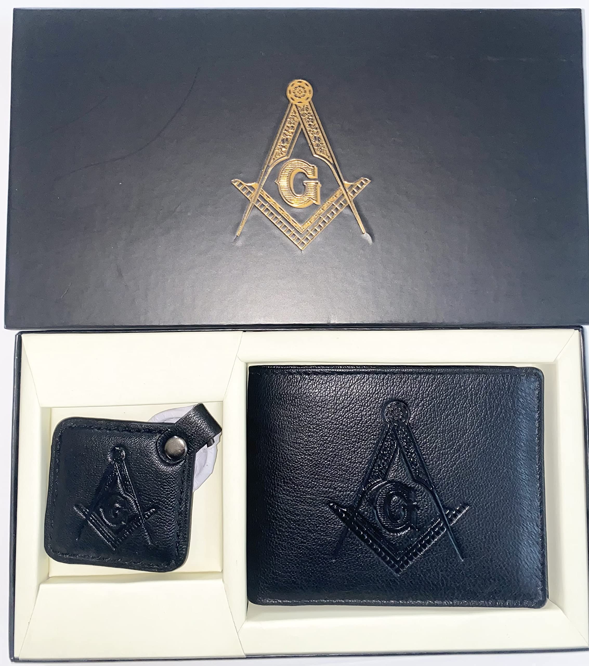 Mens RFID Blocking Bifold Wallet with Matching Key Chain- Gift Set Masonic (Black)