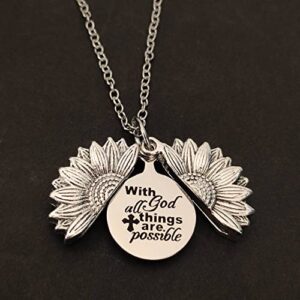 MXXGMYJ Christian Sunflower Necklace for Women Inspirational Sunflower Gifts for Girls Birthday Christmas Gifts With God All Things Are Possible Engraved Necklace