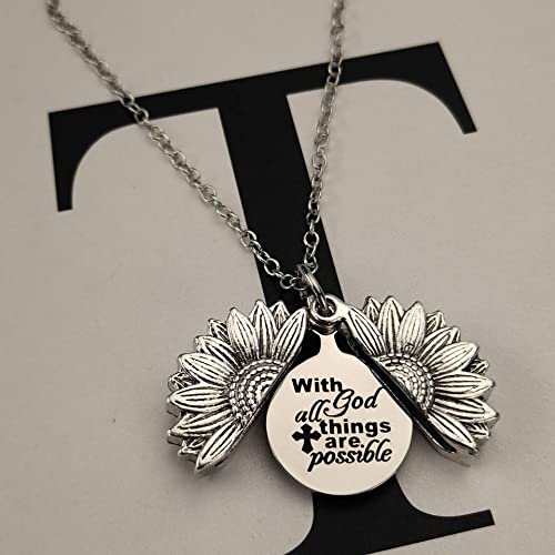 MXXGMYJ Christian Sunflower Necklace for Women Inspirational Sunflower Gifts for Girls Birthday Christmas Gifts With God All Things Are Possible Engraved Necklace