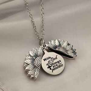 MXXGMYJ Christian Sunflower Necklace for Women Inspirational Sunflower Gifts for Girls Birthday Christmas Gifts With God All Things Are Possible Engraved Necklace