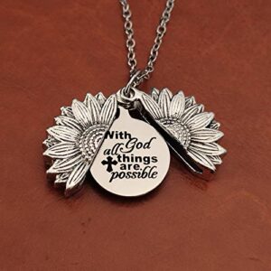 MXXGMYJ Christian Sunflower Necklace for Women Inspirational Sunflower Gifts for Girls Birthday Christmas Gifts With God All Things Are Possible Engraved Necklace