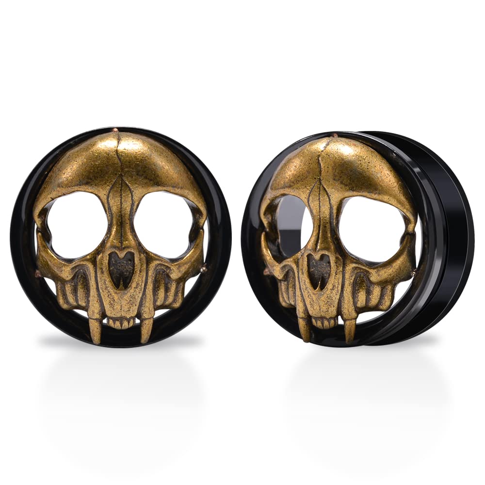 POBAISITER 2PCS Stainless Steel Ear Gauges Tunnels Expander Vintage Black Gold Skull 0g-1 inch Body Piercing Jewelry