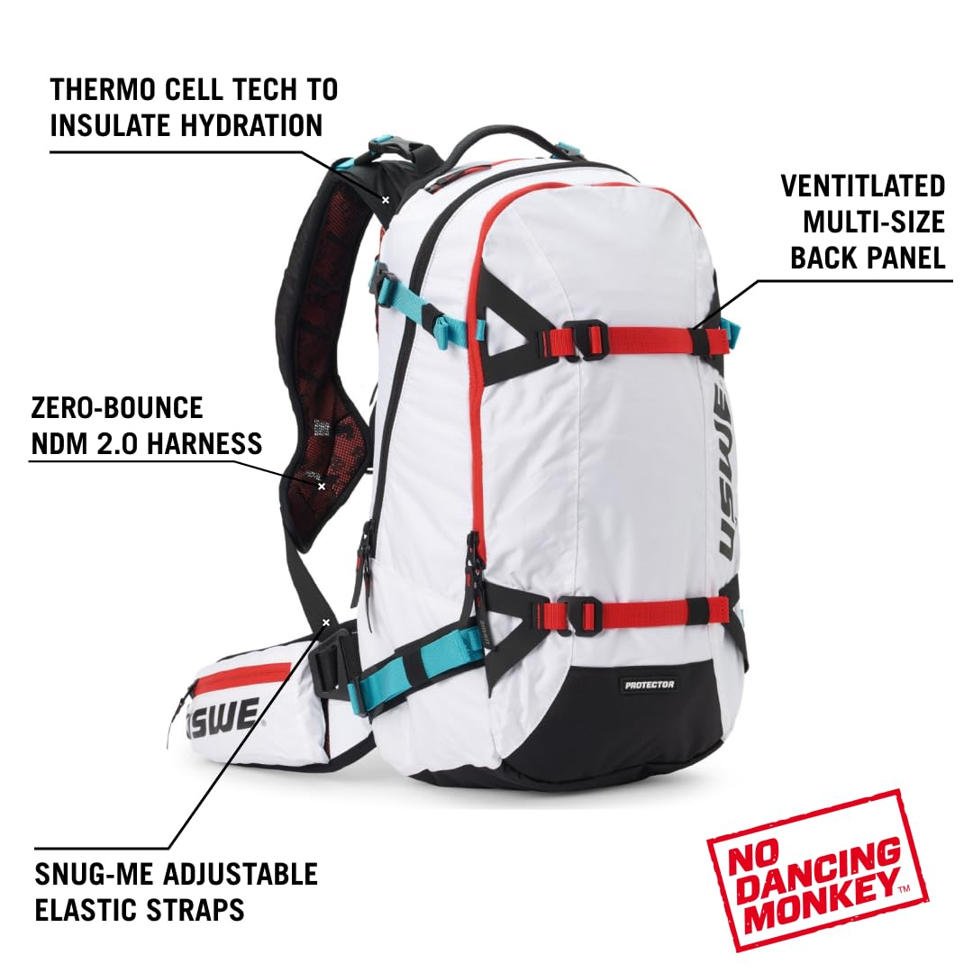 USWE Pow 16L, Ski and Snowboard Backpack with Back Protector (v. 2.0) for Men and Women. Insulated Snow Hydration Pack with Thermo Cell Freeze Protection. Bounce Free, White