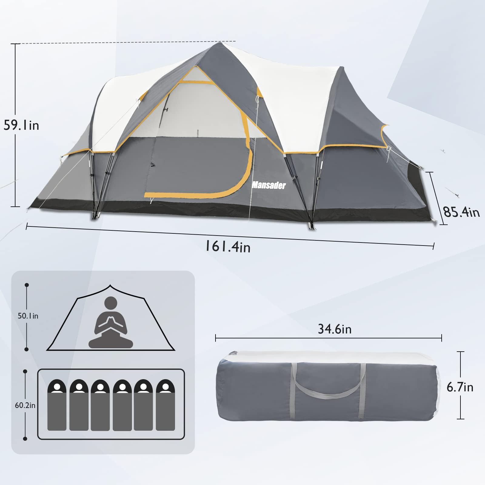 Mansader 6 Person Family Camping Tent,Waterproof Windproof with Top Rainfly,Easy Set Up,Pop Up Tent for Outdoor Camping Hiking Travel (Grey)