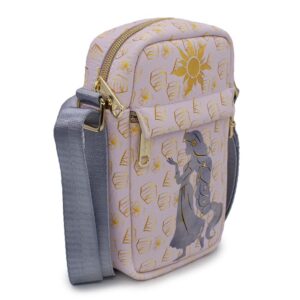 Buckle Down Disney Bag, Cross Body, Tangled Rapunzel Pose Silhouette and Sun, Pink Yellows, Vegan Leather