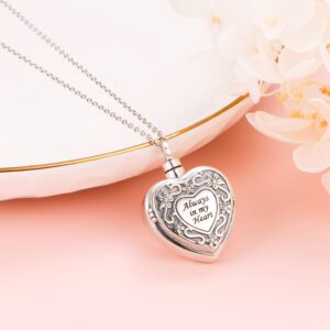 Ashes Locket that Hold Pictures Sterling Silver Urn Necklace for Ashes Always in My Heart Engraved Dainty Filigree Flower Heart Locket Pendant Necklace Memorial Keepsake Cremation Jewelry