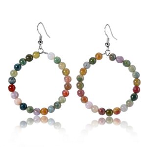 Jovivi Crystal Dangle Earrings for Women Natural Indian Agate Round Gemstone Healing Crystal Stone Beads Earrings Hoop Dangle