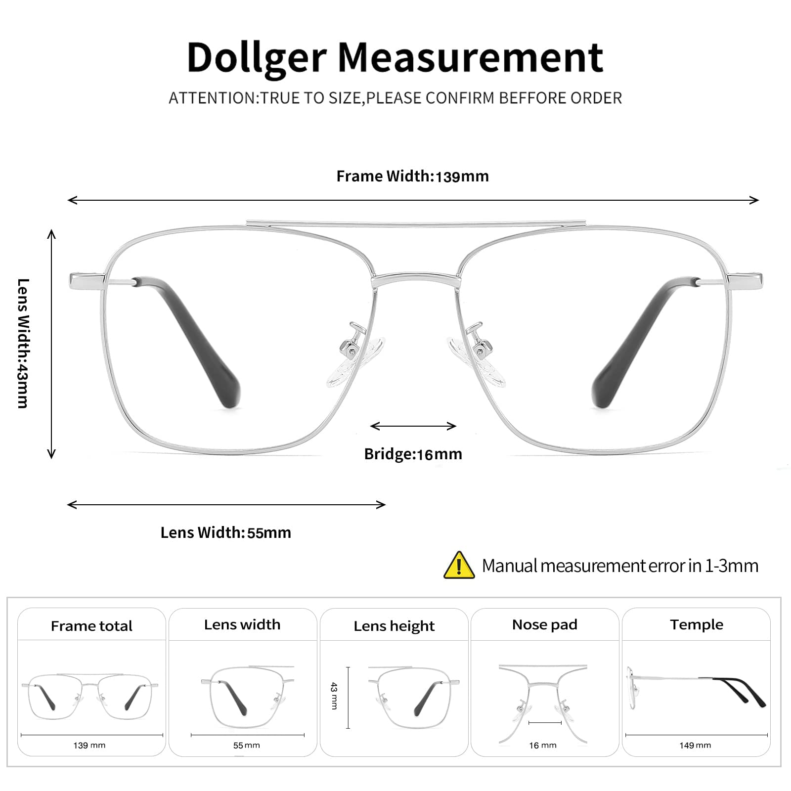 Dollger Square Clear Lens Glasses Non-prescription Fake Metal Aviator Frame Eyeglasses