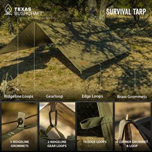 Texas Bushcraft Emergency Camping Tarp, Waterproof 10x10 Emergency Shelter for Backpacking and Hiking, 70D Ripstop Nylon Survival Tarp with Reflective Aluminized Polymer and Loop Ties with Grommets