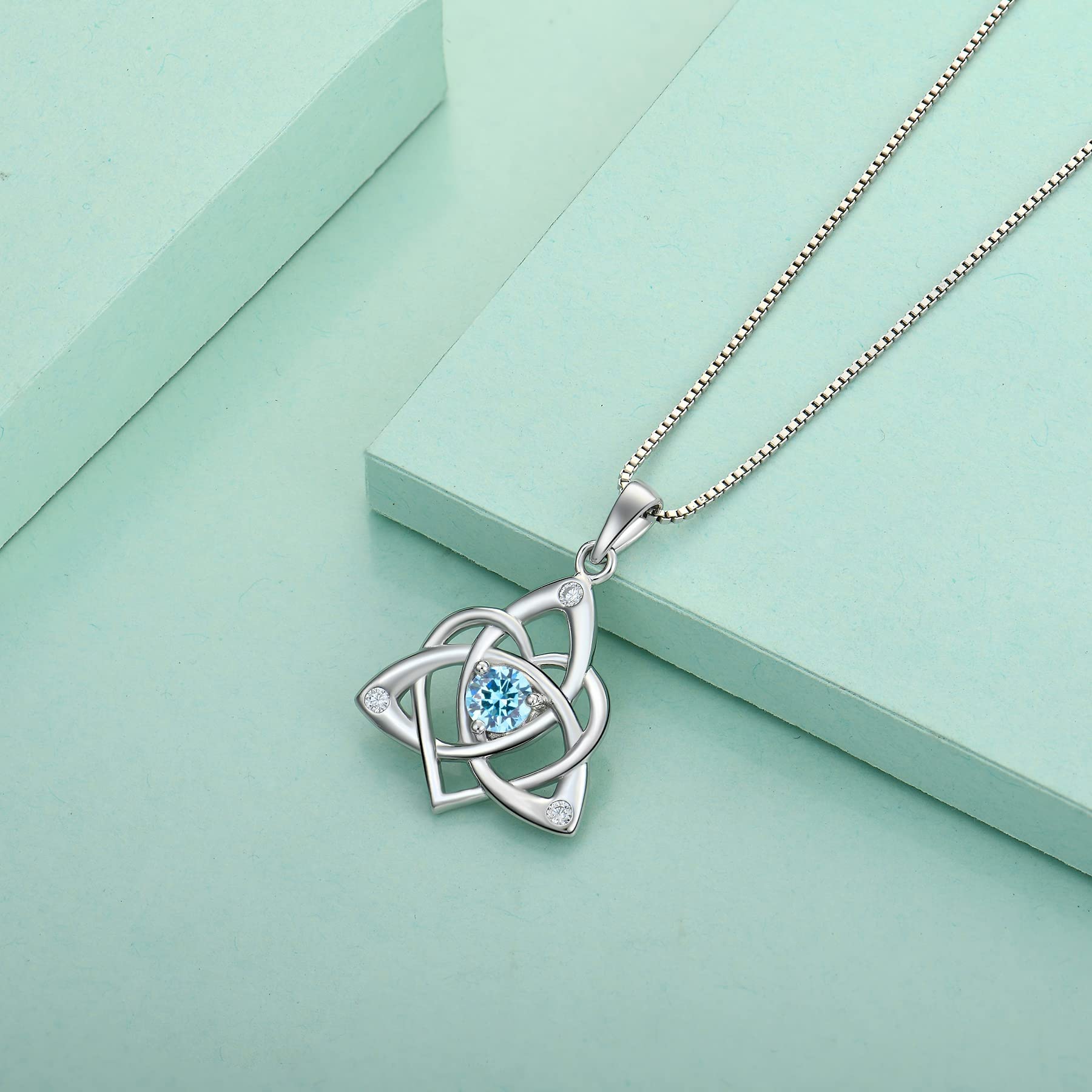 STARCHENIE Celtic Knot Necklace for Women 925 Sterling Silver Trinity Love Knot Pendant Created Aquamarine Jewelry