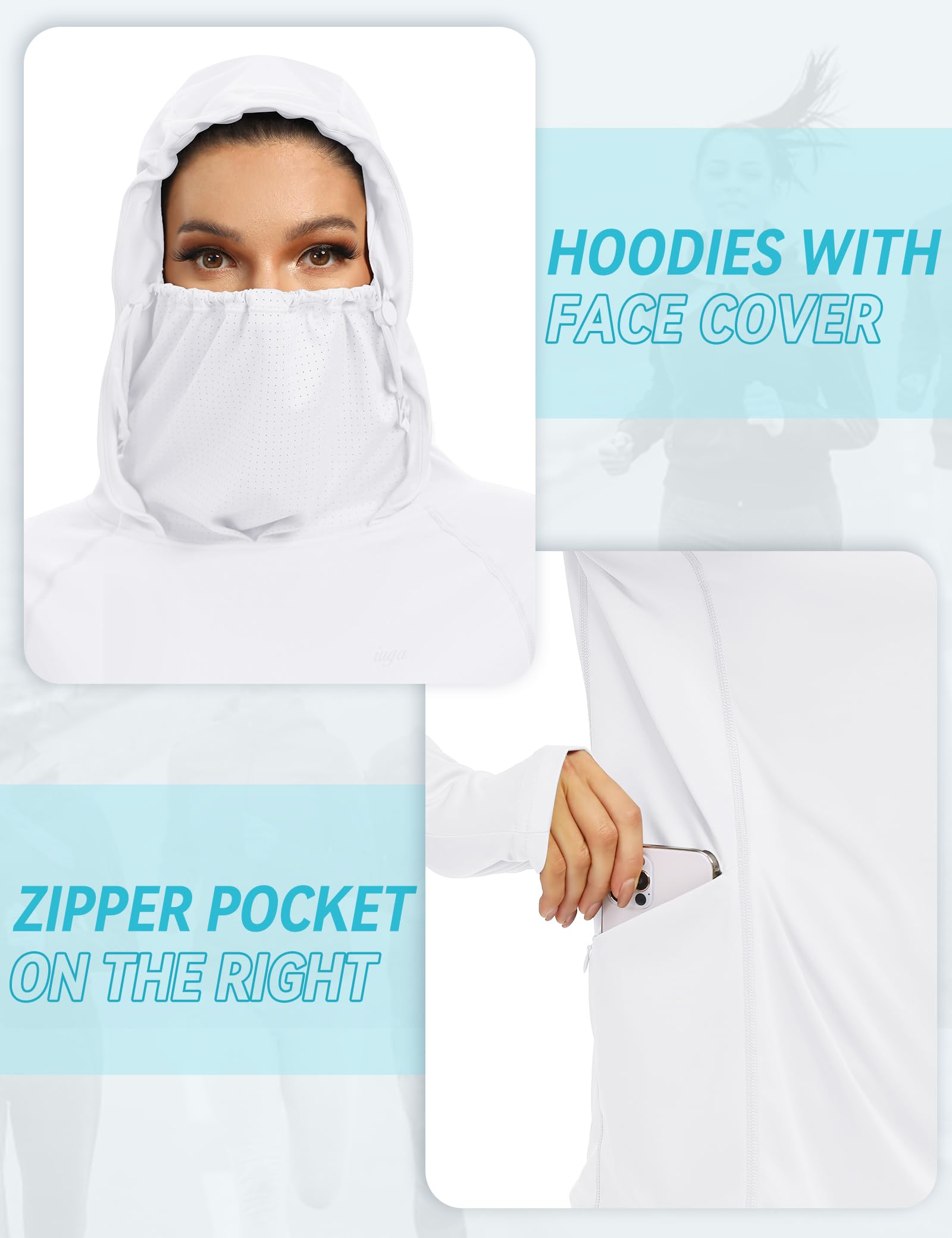 IUGA SPF Shirt Women Sun Protection Clothing UPF 50+ Hoodie with Face Cover UV Hiking Long Sleeve Shirts Lightweight Outdoor White