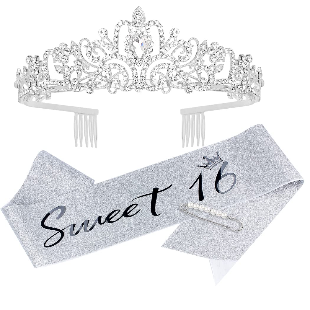 AOPRIE Birthday Sash for Girls Birthday Crowns Sweet 16 Birthday Tiara for Women Silver Birthday Girl Headband Princess Crown Rhinestone Happy Birthday Accessories