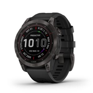 garmin fenix 7 sapphire solar, adventure smartwatch, with solar charging capabilities, rugged outdoor watch with gps, touchscreen, wellness features, carbon gray dlc titanium with black band