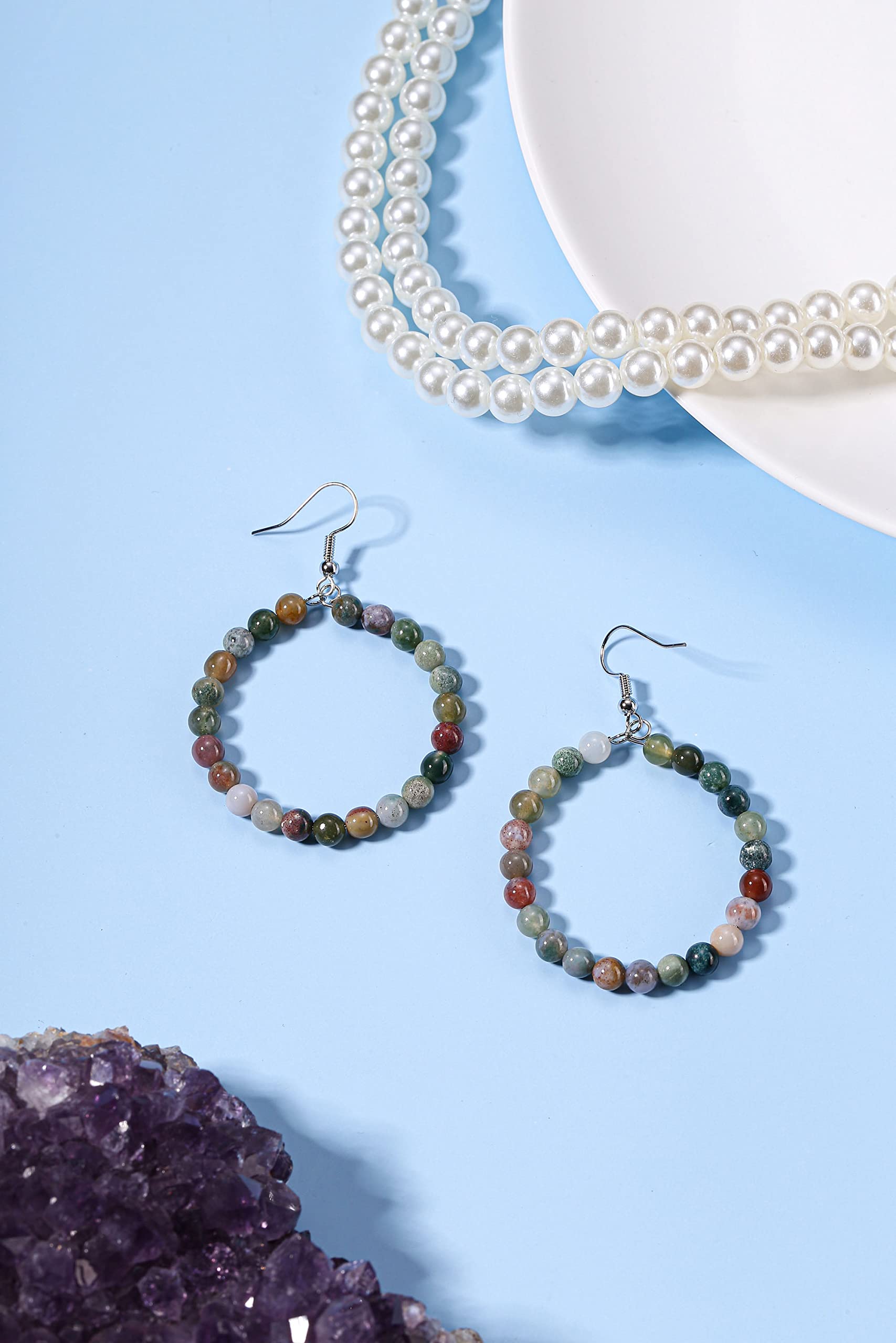 Jovivi Crystal Dangle Earrings for Women Natural Indian Agate Round Gemstone Healing Crystal Stone Beads Earrings Hoop Dangle