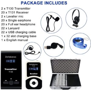 Retekess T130 Wireless Tour Guide System,Tour Guide Headsets with Full Ear Headphone,32-Slot Charging Case, Assistive Listening Devices for Factory, Manufacturing (2 Transmitters 20 Receivers