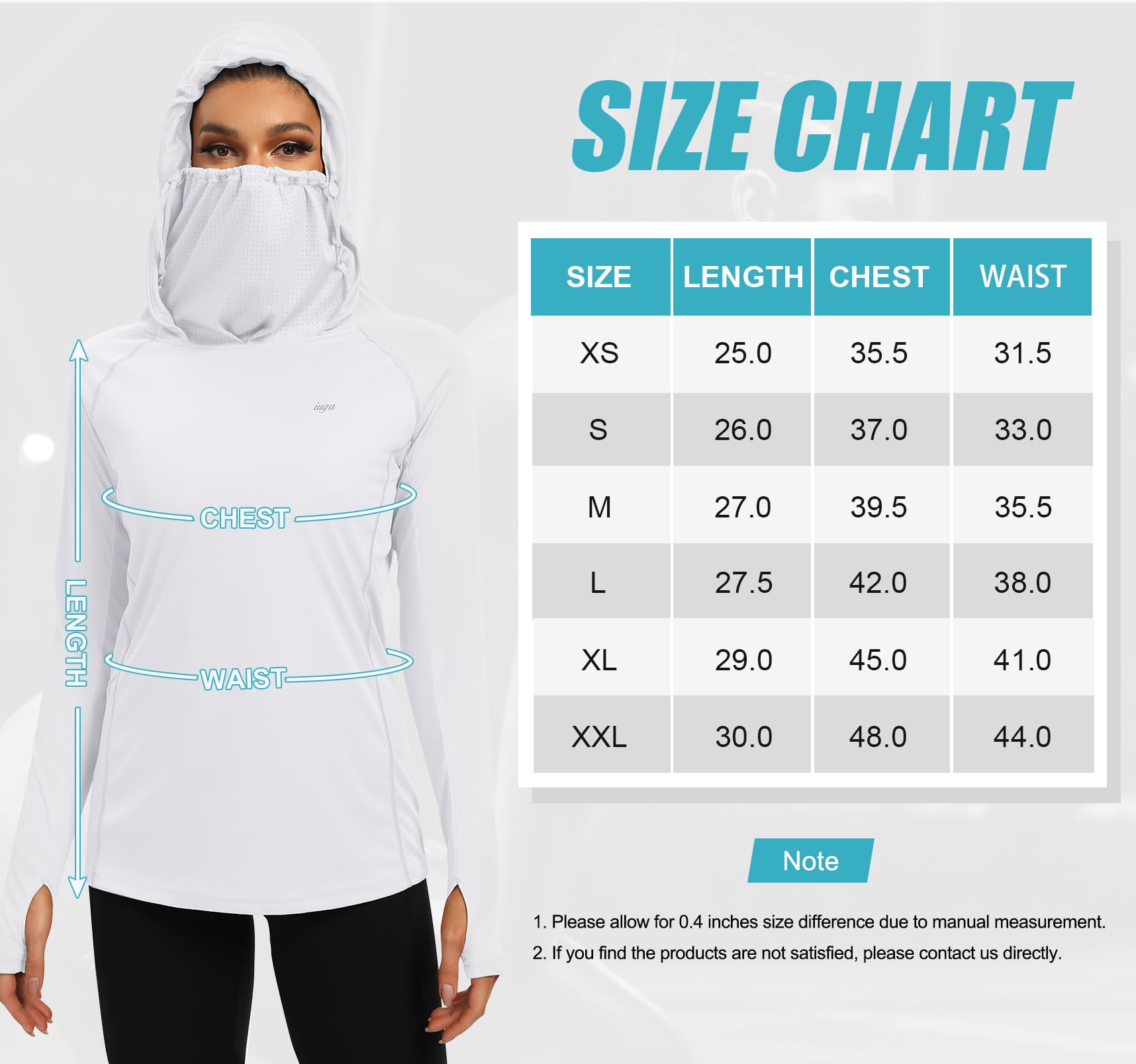 IUGA SPF Shirt Women Sun Protection Clothing UPF 50+ Hoodie with Face Cover UV Hiking Long Sleeve Shirts Lightweight Outdoor White