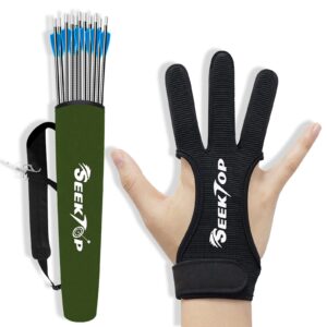 seektop archery gloves adjustable archery back arrow quiver holder for youth adults (m+green)