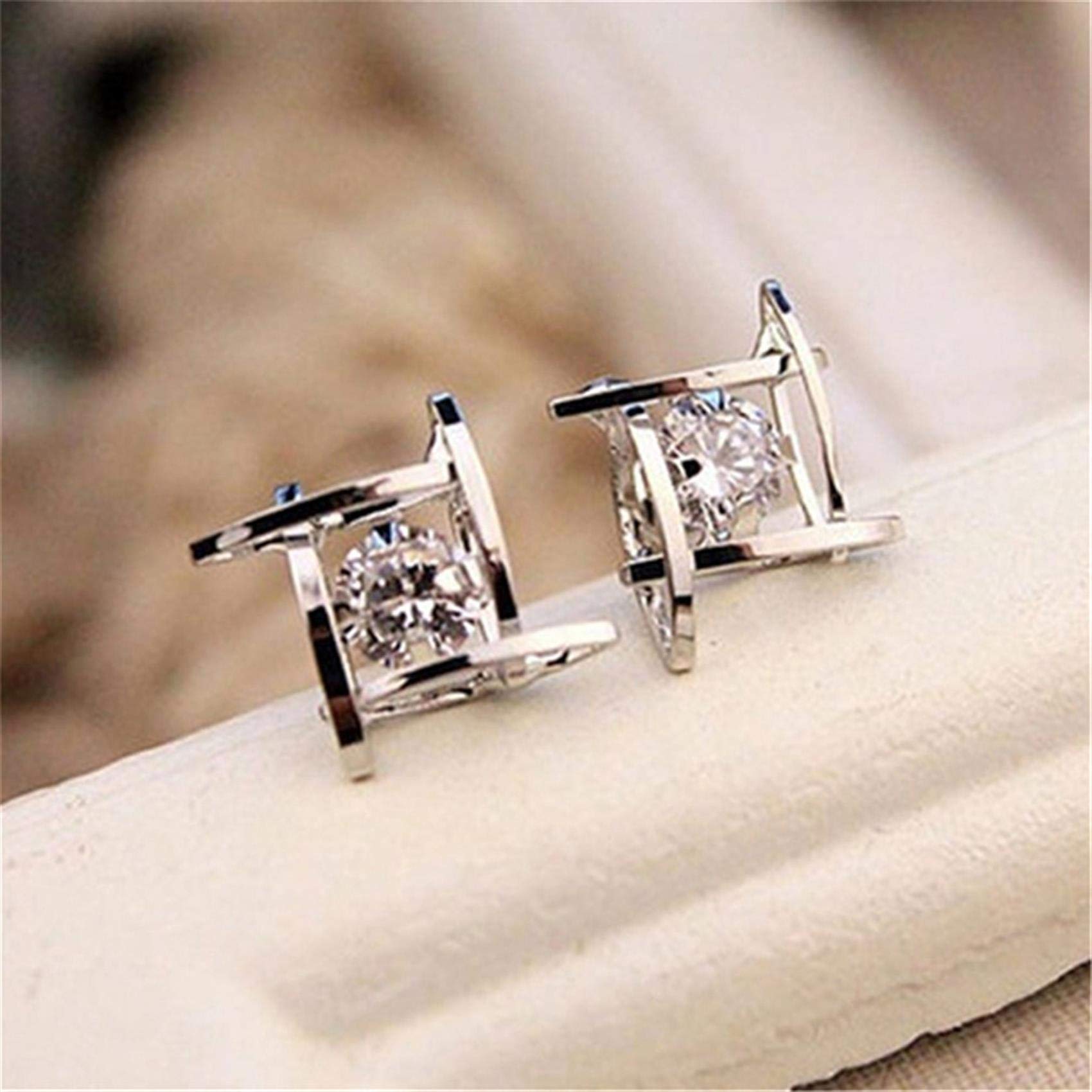 Guoshang Women Geometric Cube Crystal Earrings Rhinestone Ear Studs Gold Silver 2 Colors,Silver,1 Pair