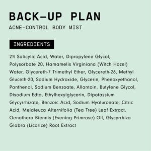 Versed Back-Up Acne Control Body Mist - All Over Blemish Spot Treatment + Salicylic Acid Spray with Tea Tree Oil & Witch Hazel - Oil Control + Redness Relief Acne Spray for Back & Body - Vegan (3 oz)