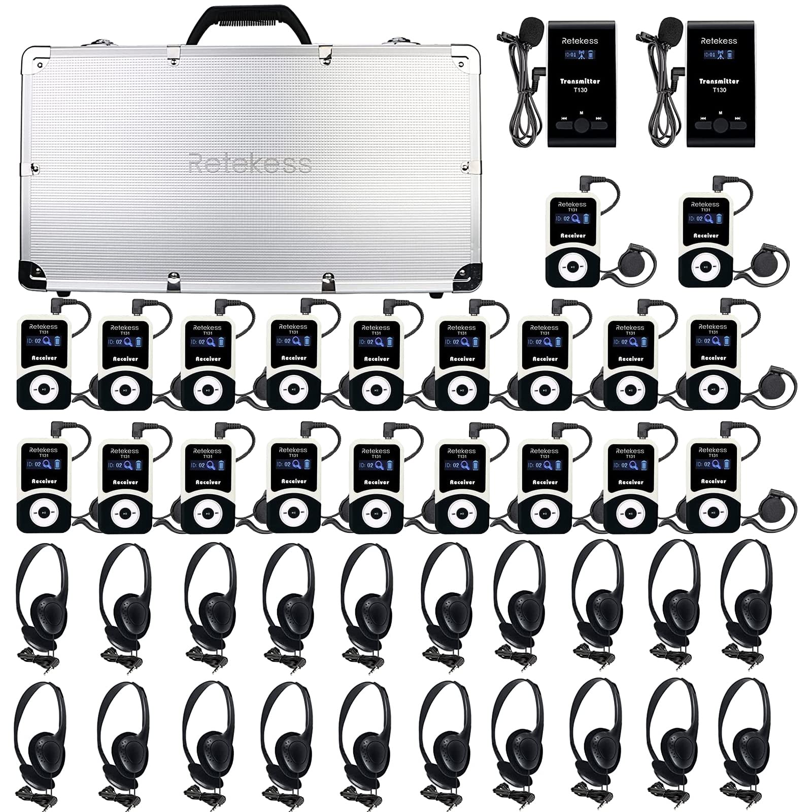 Retekess T130 Wireless Tour Guide System,Tour Guide Headsets with Full Ear Headphone,32-Slot Charging Case, Assistive Listening Devices for Factory, Manufacturing (2 Transmitters 20 Receivers