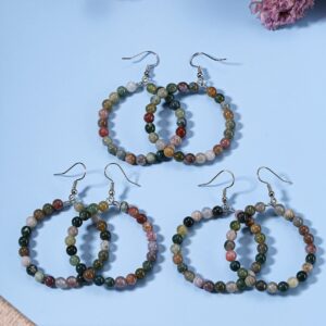 Jovivi Crystal Dangle Earrings for Women Natural Indian Agate Round Gemstone Healing Crystal Stone Beads Earrings Hoop Dangle