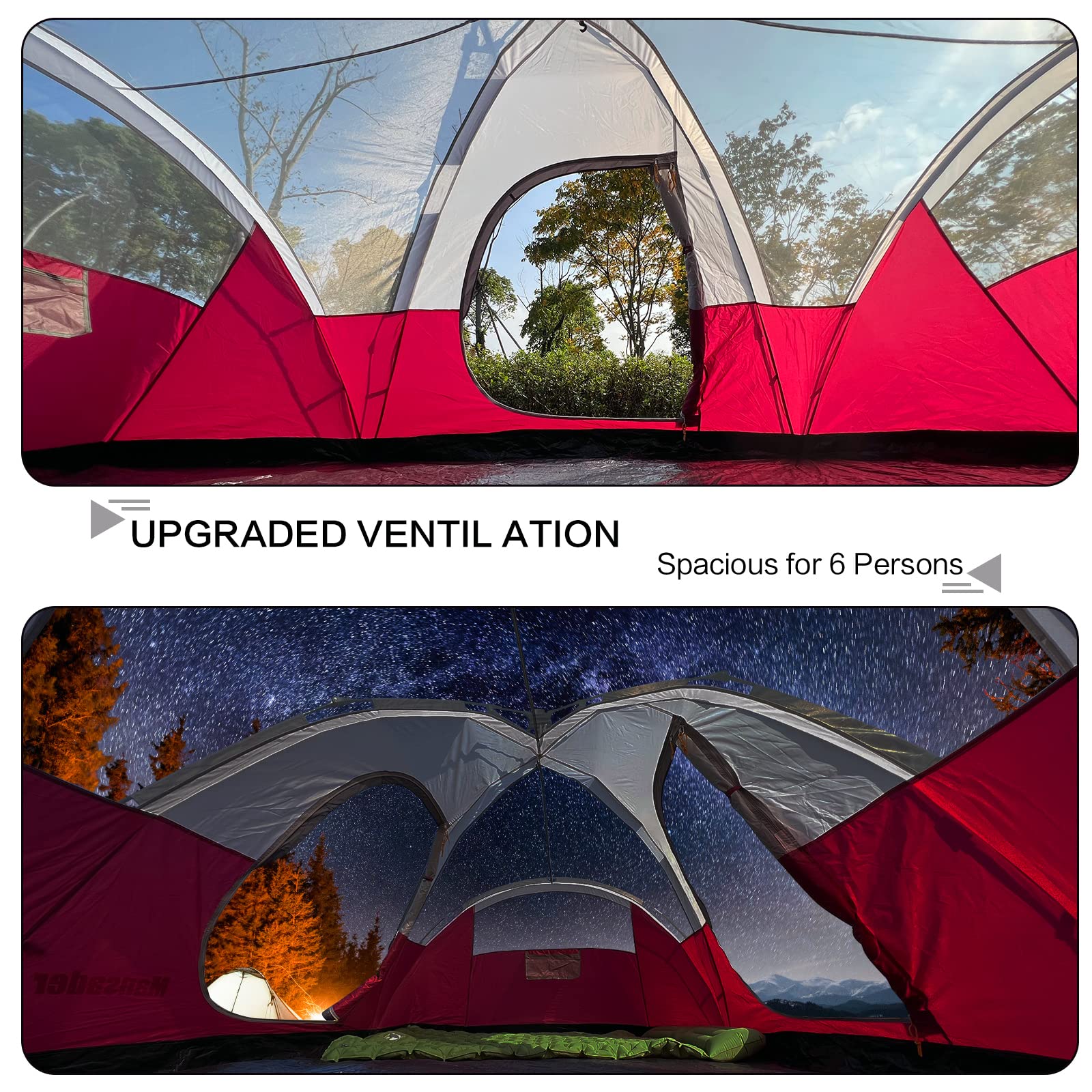 Mansader 6 Person Family Camping Tent,Waterproof Windproof with Top Rainfly,Easy Set Up,Pop Up Tent for Outdoor Camping Hiking Travel (Wine Red)