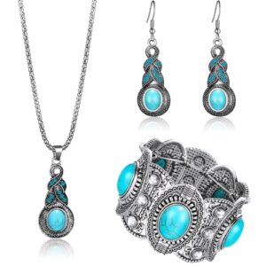 sureio 3 pcs western jewelry for women bohemian turquoise set turquoise pendant necklace western dangle earrings turquoise bracelet