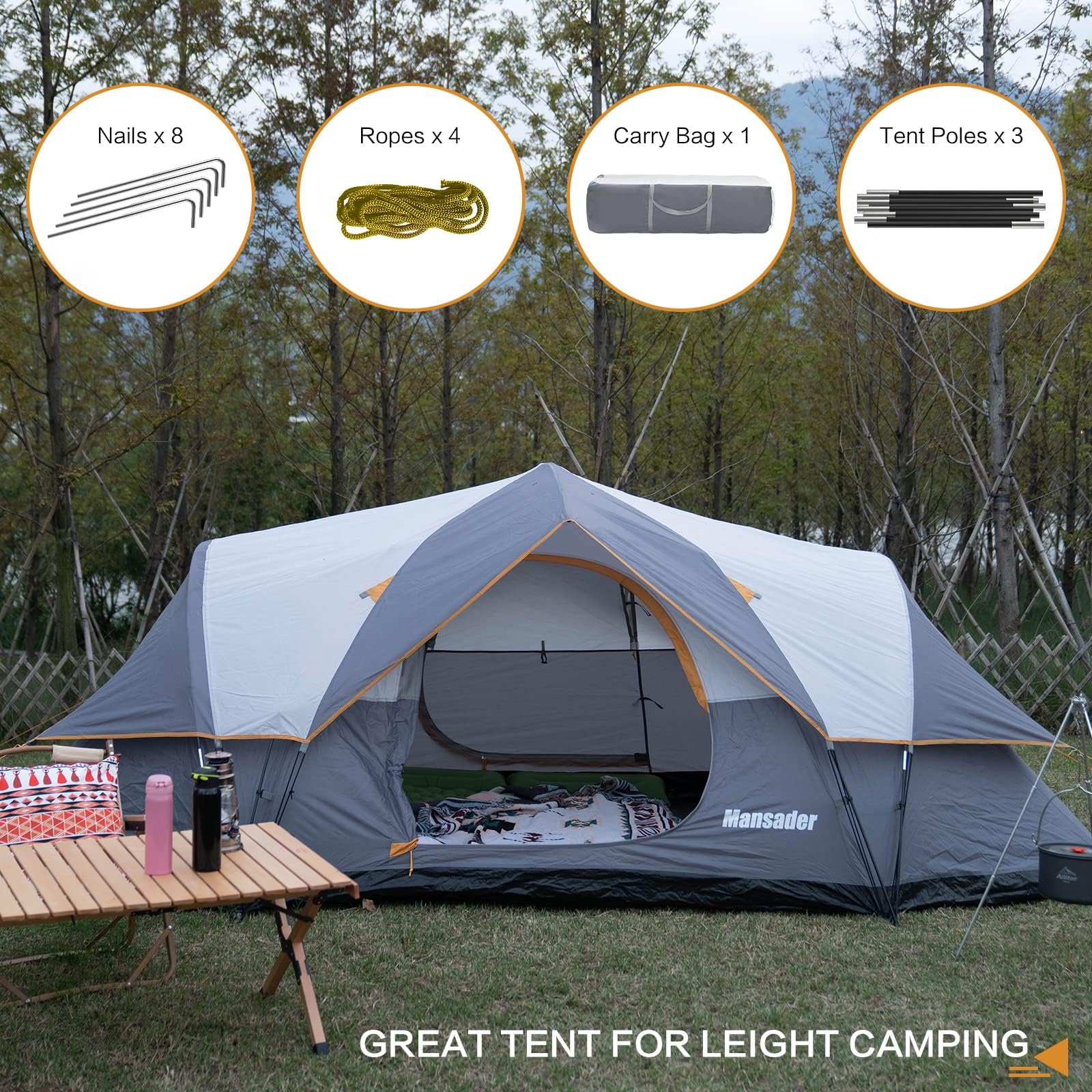 Mansader 6 Person Family Camping Tent,Waterproof Windproof with Top Rainfly,Easy Set Up,Pop Up Tent for Outdoor Camping Hiking Travel (Grey)