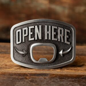 Western Beer Belt Buckle - Large, Texas Cowboy Style Bottle Opener Buckles For Men - Men’s Novelty Funny Gag Gift Belt Buckle That 𝐑𝐞𝐚𝐥𝐥𝐲 𝐎𝐩𝐞𝐧𝐬 𝐁𝐨𝐭𝐭𝐥𝐞𝐬-Silver Chrome