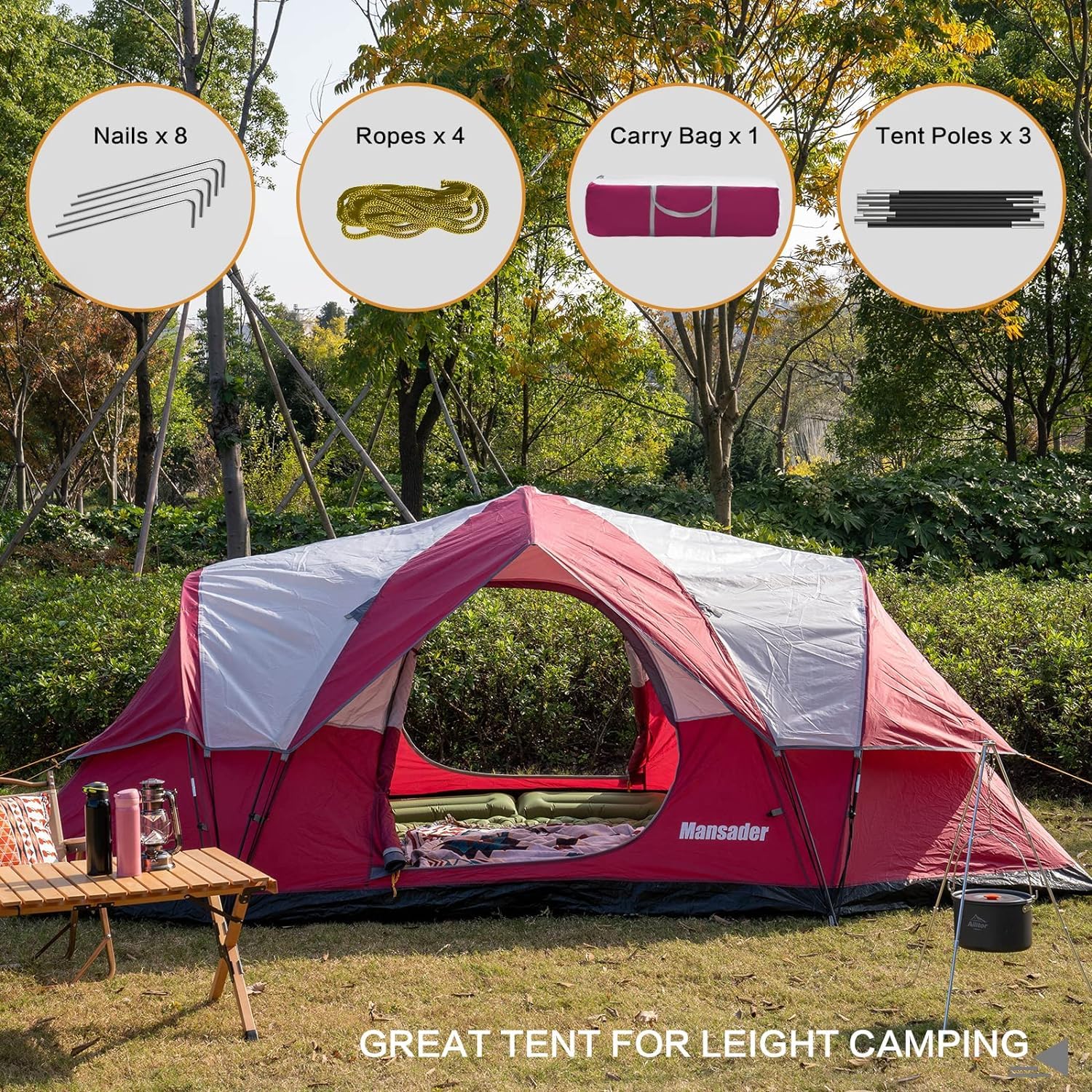 Mansader 6 Person Family Camping Tent,Waterproof Windproof with Top Rainfly,Easy Set Up,Pop Up Tent for Outdoor Camping Hiking Travel (Wine Red)